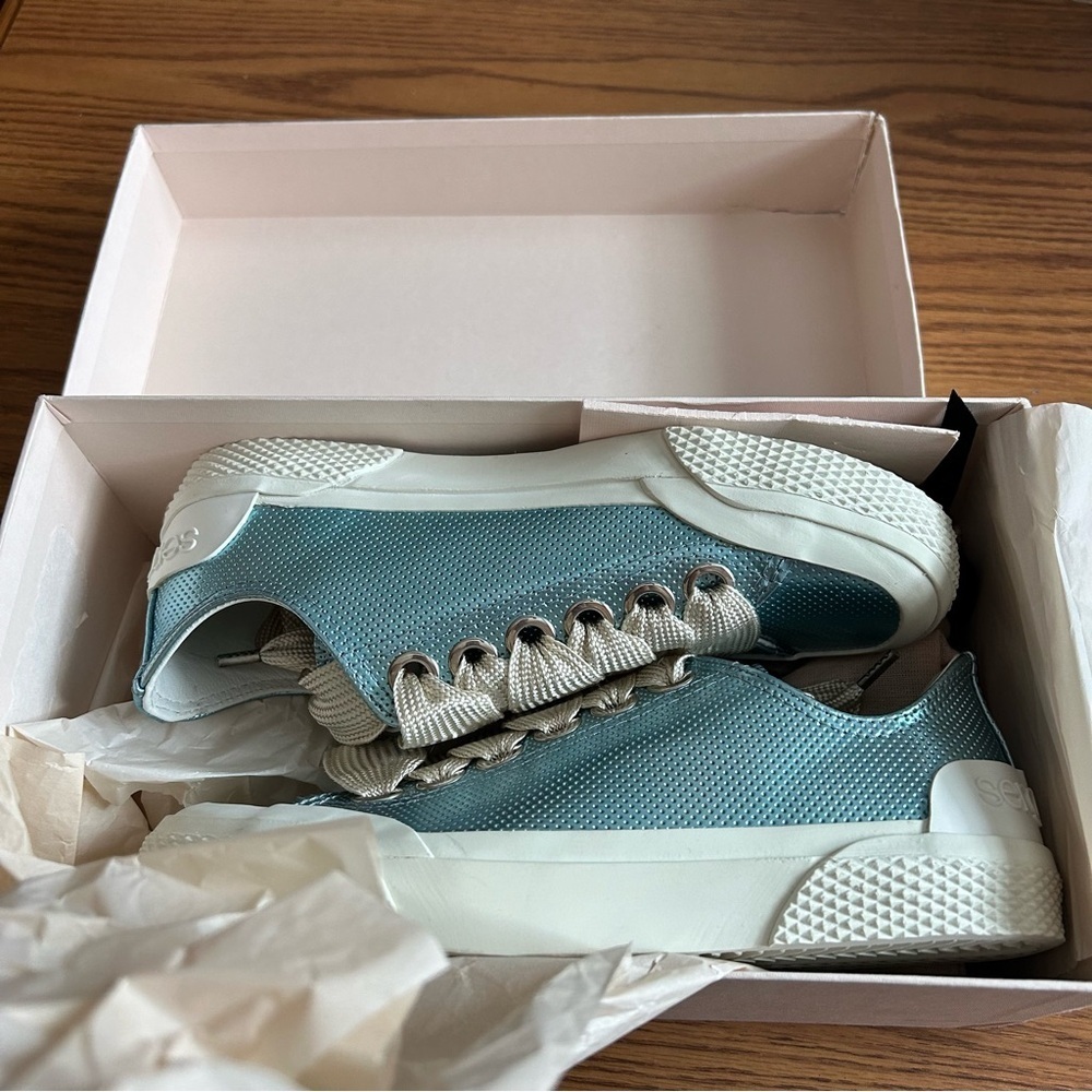 Sergio Rossi Metallic Blue Leather Lace Up Sneakers Women’s Size 36 - Picture 4 of 15